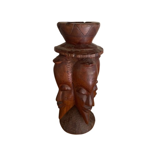 359 - A VINTAGE MID 20TH CENTURY AFRICAN TRIBAL CARVED WOODEN FACE MASK JUG WITH HANDLE AND ASHTRAY DESIGN... 