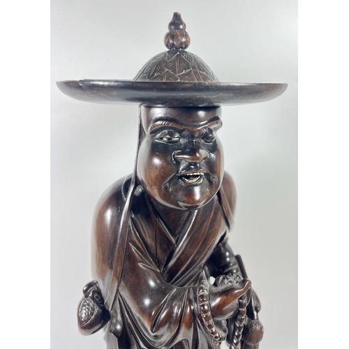 373 - A LARGE ANTIQUE CHINESE CARVED ROOTWOOD FIGURE OF A MAN WITH BONE EYES AND TEETH, HEIGHT 41CM