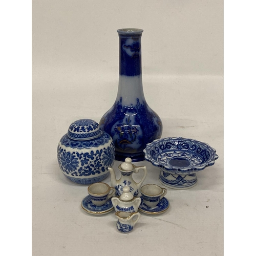 385 - A GROUP OF BLUE AND WHITE ORIENTAL ITEMS TO INCLUDE SMALL GINGER JAR, VASE, MINIATURE TEASET, ETC.,