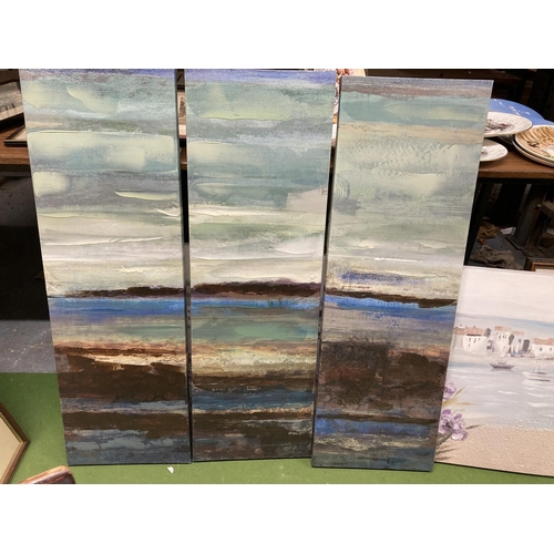 465 - A BEACH SCENE CANVAS AND A FURTHER THREE PART CANVAS DEPICTING THE SEA