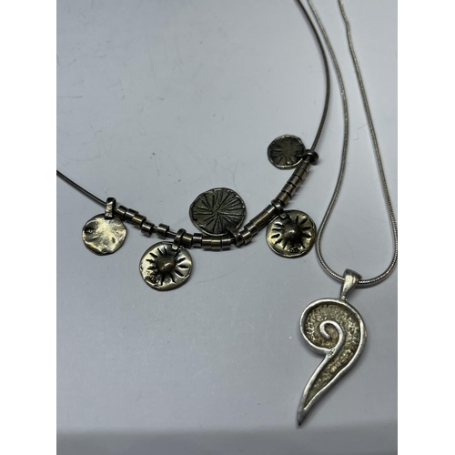 579 - TWO SILVER NECKLACES AND SILVER CLASP BRACELET