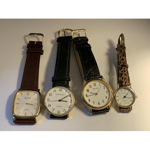 618 - FOUR VARIOUS QUARTZ WATCHES TO INCLUDE A LADIES AND GENTS PHILIP MERCIER WATCH, AN AVIVA AND A SEKON... 