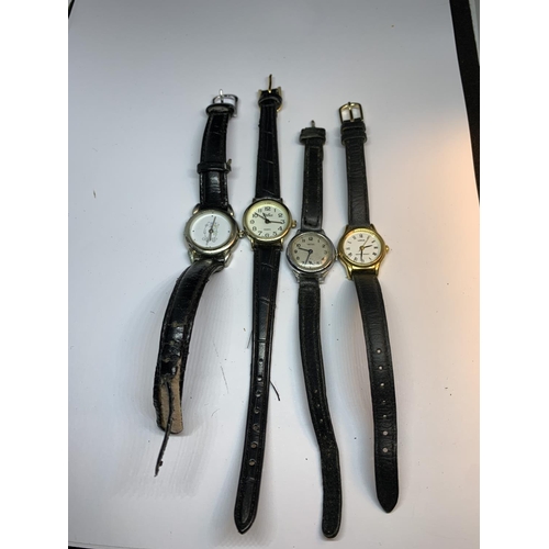 619 - FOUR LADIES WATCHES ON LEATHER STRAPS TO INCLUDE A VINTAGE SMITHS WATCH, LORUS, REFLEX, ETC