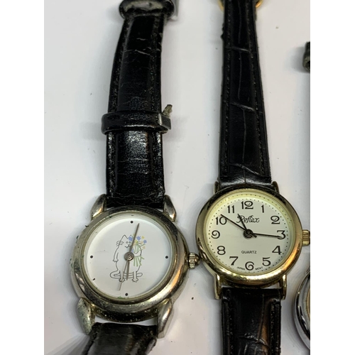 619 - FOUR LADIES WATCHES ON LEATHER STRAPS TO INCLUDE A VINTAGE SMITHS WATCH, LORUS, REFLEX, ETC