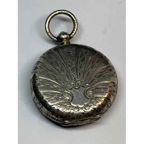 648 - A MARKED 935 SILVER FOB WATCH WITH DECORATIVE ENAMEL FACE