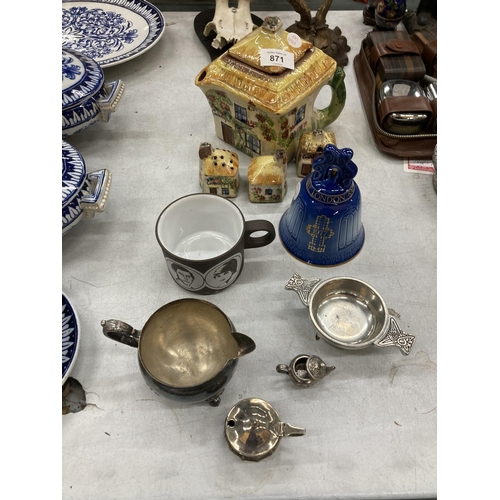 871 - A MIXED LOT TO INCLUDE A B & G, COPENHAGEN BELL, A COTTAGE WARE TEAPOT AND CRUET SET, SILVER PLATED ... 