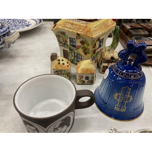 871 - A MIXED LOT TO INCLUDE A B & G, COPENHAGEN BELL, A COTTAGE WARE TEAPOT AND CRUET SET, SILVER PLATED ... 