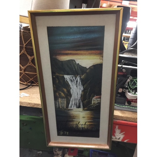 1022 - TWO FRAMED PRINTS ONE OF A WATERFALL AND AN ORIENTAL OF BOATS