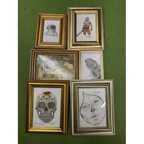 1145 - FIVE FRAMED PENCIL DRAWINGS TOGETHER WITH A PRINT HORSE SCENE