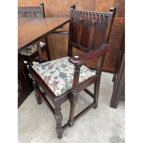 2532 - A REPRODUCTION OAK DRAW-LEAF DINING TABLE AND SIX CHAIRS, TWO BEING CARVERS, COMPLETE WITH CURTAINS ... 