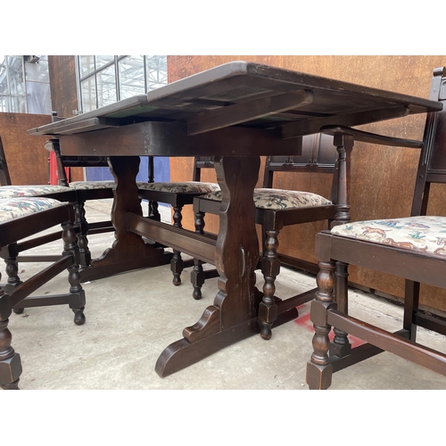 2532 - A REPRODUCTION OAK DRAW-LEAF DINING TABLE AND SIX CHAIRS, TWO BEING CARVERS, COMPLETE WITH CURTAINS ... 