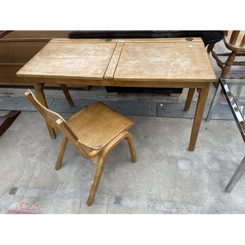 2591 - A MID 20TH CENTURY DOUBLE CHILDS DESK AND SINGLE BENTWOOD CHAIR