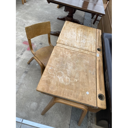 2591 - A MID 20TH CENTURY DOUBLE CHILDS DESK AND SINGLE BENTWOOD CHAIR