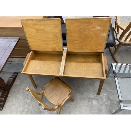 2591 - A MID 20TH CENTURY DOUBLE CHILDS DESK AND SINGLE BENTWOOD CHAIR