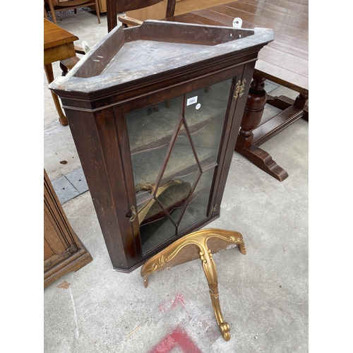 2593 - AN 18TH CENTURY STYLE CORNER CUPBOARD WITH GLASS DOOR AND SHAPED INTERIOR SHELVES, COMPLETE WITH GIL... 