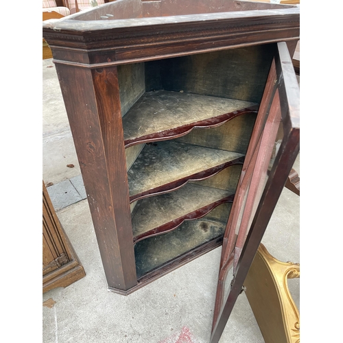 2593 - AN 18TH CENTURY STYLE CORNER CUPBOARD WITH GLASS DOOR AND SHAPED INTERIOR SHELVES, COMPLETE WITH GIL... 