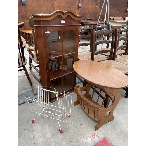 2598 - A YEW WOOD CORNER CUPBOARD, 1970'S METAL MAGAZINE RACK AND MAGAZINE RACK/TABLE