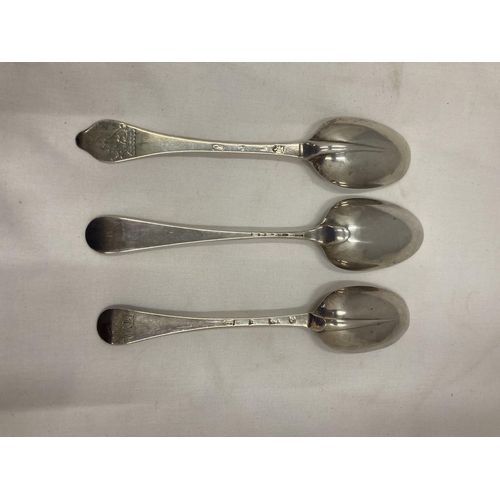 10 - THREE MARKED SILVER SERVING SPOONS GROSS WEIGHT 393.3 GRAMS