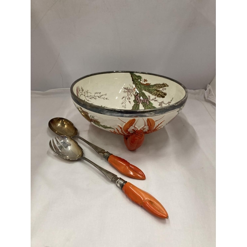 3 - A VICTORIAN WEDGWOOD MAJOLICA SALAD BOWL WITH LOBSTER FEET AND MATCHING SILVER PLATED SERVERS