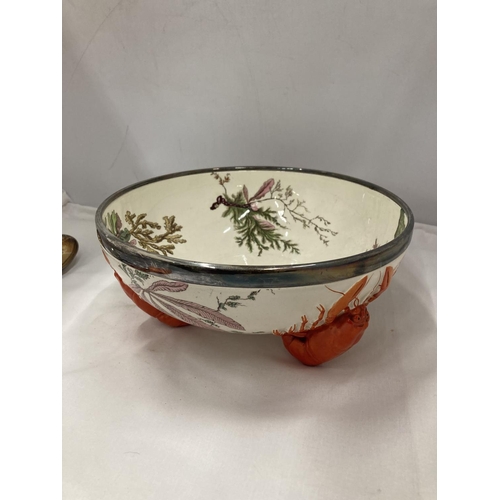 3 - A VICTORIAN WEDGWOOD MAJOLICA SALAD BOWL WITH LOBSTER FEET AND MATCHING SILVER PLATED SERVERS