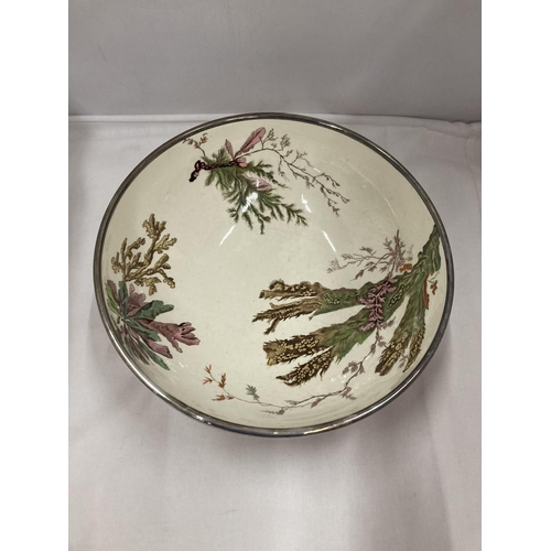 3 - A VICTORIAN WEDGWOOD MAJOLICA SALAD BOWL WITH LOBSTER FEET AND MATCHING SILVER PLATED SERVERS