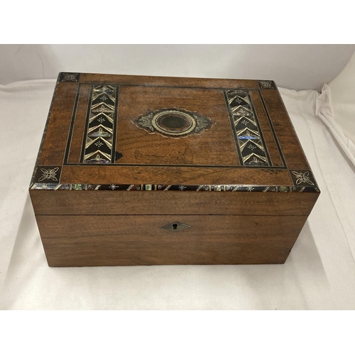 4 - A VINTAGE INLAID MOTHER OF PEARL JEWELLERY/SEWING BOX WITH INNER TRAY