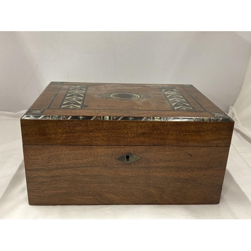 4 - A VINTAGE INLAID MOTHER OF PEARL JEWELLERY/SEWING BOX WITH INNER TRAY