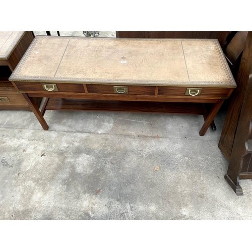 2681 - A REPRODUCTION MAHOGANY TWO TIER COFFEE TABLE WITH INSET LEATHER TOP, BRASS RIM AND MILITARY STYLE H... 