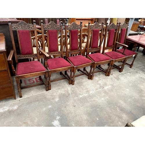 2684 - A SET OF SIX OAK JACOBEAN STYLE DINING CHAIRS, TWO BEING CARVERS. THE CHAIRS BEAR A DEDICATION TO PR... 