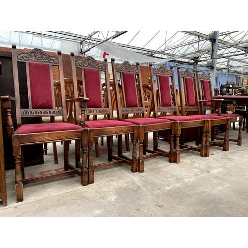 2684 - A SET OF SIX OAK JACOBEAN STYLE DINING CHAIRS, TWO BEING CARVERS. THE CHAIRS BEAR A DEDICATION TO PR... 