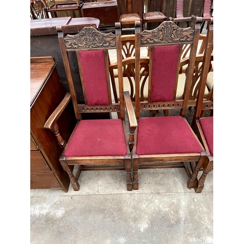 2684 - A SET OF SIX OAK JACOBEAN STYLE DINING CHAIRS, TWO BEING CARVERS. THE CHAIRS BEAR A DEDICATION TO PR... 