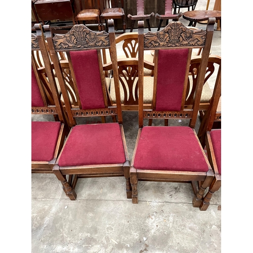 2684 - A SET OF SIX OAK JACOBEAN STYLE DINING CHAIRS, TWO BEING CARVERS. THE CHAIRS BEAR A DEDICATION TO PR... 