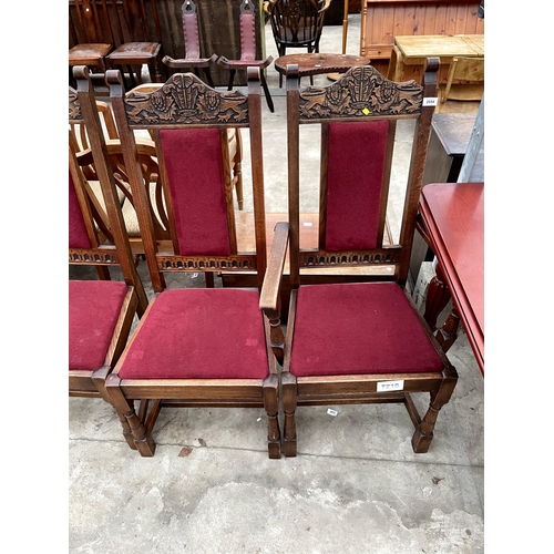 2684 - A SET OF SIX OAK JACOBEAN STYLE DINING CHAIRS, TWO BEING CARVERS. THE CHAIRS BEAR A DEDICATION TO PR... 