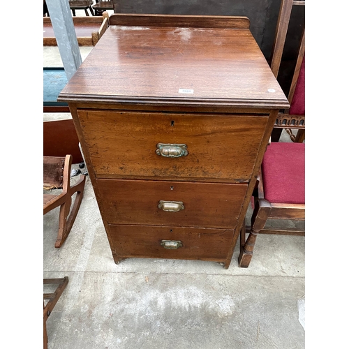 2685 - A LATE VICTORIAN MAHOGANY FILING CHEST OF THREE DRAWERS WITH BRASS SCOOP HANDLES