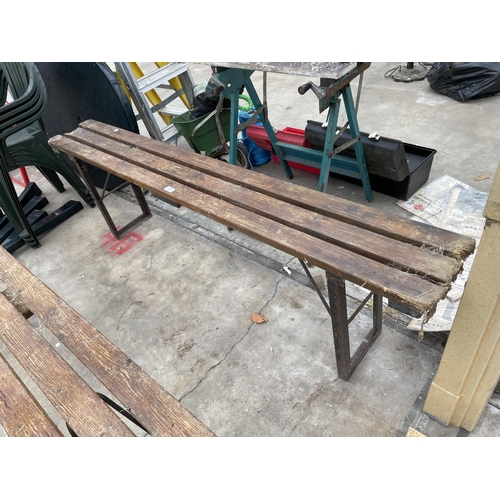 1951 - A WOODEN SLATTED FOLDING GYM BENCH WITH METAL LEGS (L:180CM)