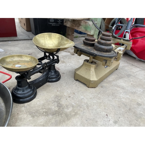 1956 - AN ASSORTMENT OF ITEMS TO INCLUDE TWO SETS OF BALANCE SCALES AND PANS ETC