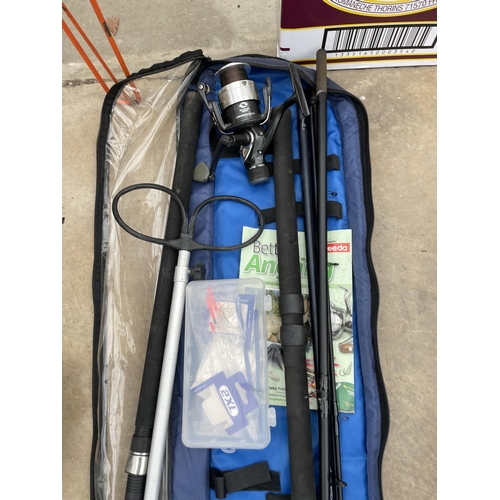 AN ASSORTMENT OF FISHING TACKLE TO INCLUDE RODS, REELS AND ROD RESTS ETC