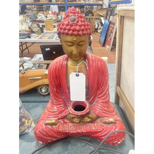 102 - A LARGE CHALK MODEL OF A BUDDAH HOLDING A BOWL WITH THE WORDS 'HINDU ESSENCE', HEIGHT 48CM