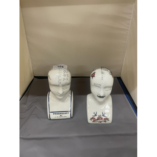 104 - TWO PHRENOLOGY HEADS, HEIGHT 16CM