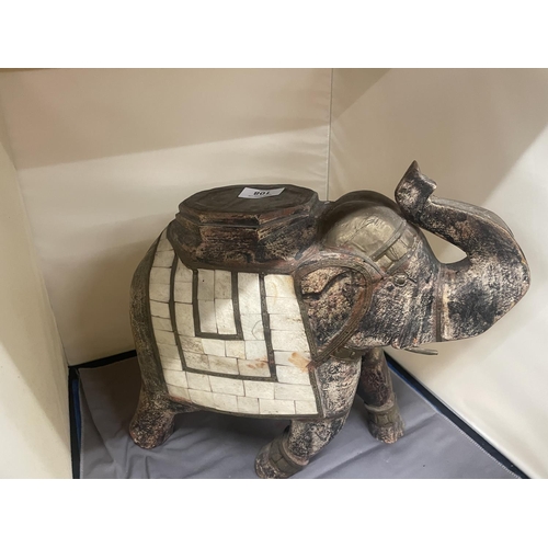 108 - A LARGE WOODEN ELEPHANT WITH INLAY, HEIGHT 27CM, LENGTH 33CM