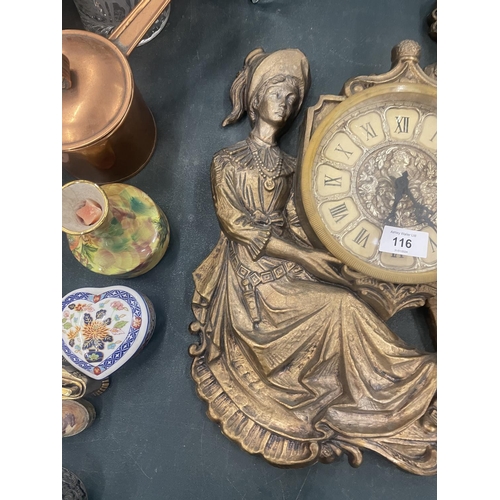 116 - A LARGE GOLD COLOURED LORD AND LADY ROMAM WALL CLOCK, 20 INCH X 14 INCH