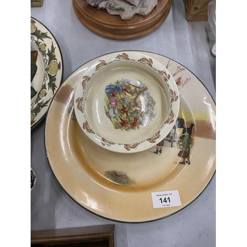 141 - FOUR PIECES OF ROYAL DOULTON TO INCLUDE A BUNNYKINS BOWL, TWO CABINET PLATES AND A BOWL