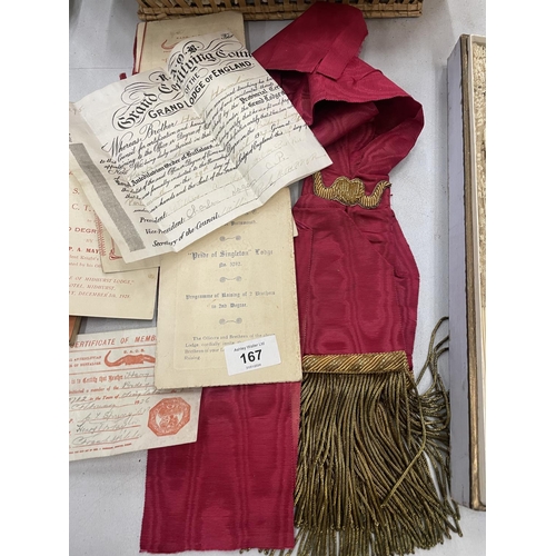 167 - A QUANTITY OF MASONIC EPHEMERA AND A SASH