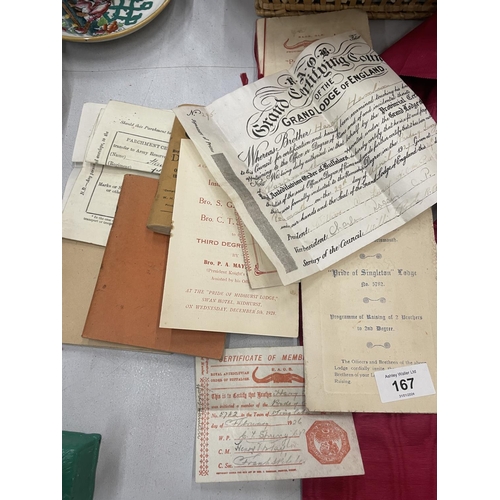 167 - A QUANTITY OF MASONIC EPHEMERA AND A SASH