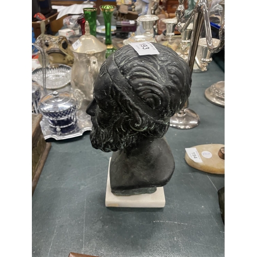 193 - A BRONZE STYLE BUST OF A CLASSICAL FIGURE ON A MARBLE PLINTH, HEIGHT 24CM