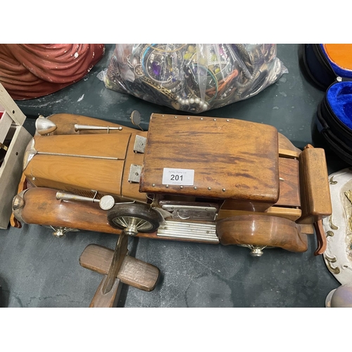 201 - A LARGE WOODEN MODEL OF A CAR PLUS A SMALLER MODEL OF A BI-PLANE