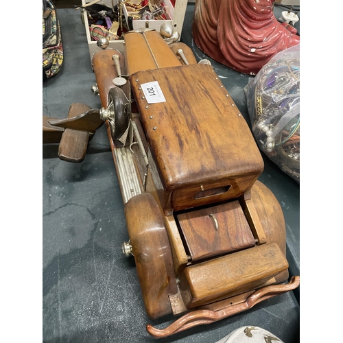 201 - A LARGE WOODEN MODEL OF A CAR PLUS A SMALLER MODEL OF A BI-PLANE