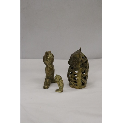 213 - THREE BRASS OWLS, LARGEST 13CM