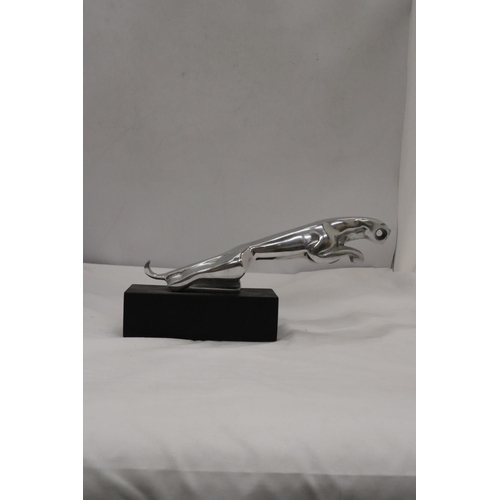 219 - A CHROME JAGUAR CAR MACOT ON A BASE, HEIGHT 15CM X 32CM