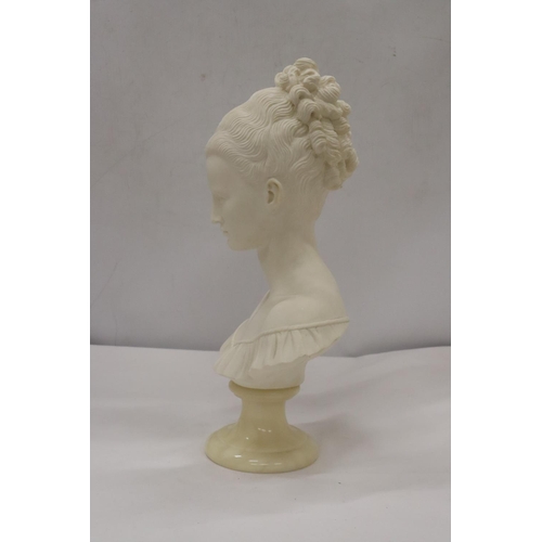 220 - A BUST OF A LADY ON A MARBLE PLINTH, HEIGHT 33CM